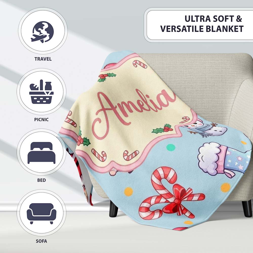 Cute Santa Snowman Gifts Candy Cane Blue Background Seamless Personalised Custom Name Super Soft Fleece Blanket Bed Sofa Throw