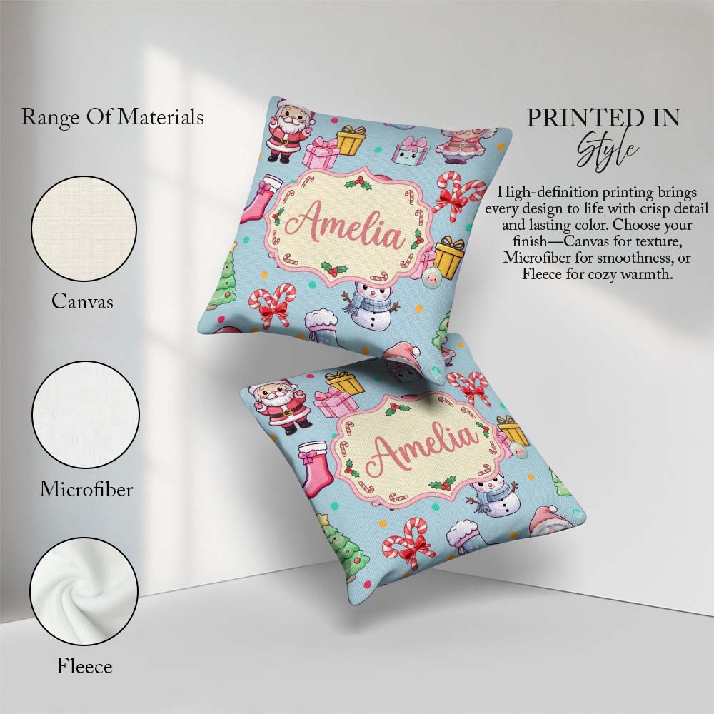 Custom Name Cute Santa Gifts Candy Cane Blue Background Seamless Square Filled Cushion Throw Pillow Sofa Bed Home Decor Zip Washable UK Made