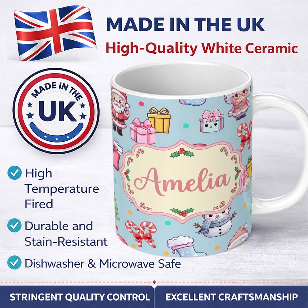 Personalized Custom Name Cute Santa Snowman Gifts Candy Cane Blue Background Seamless 11oz Ceramic Coffee Tea Mug White Large Handle
