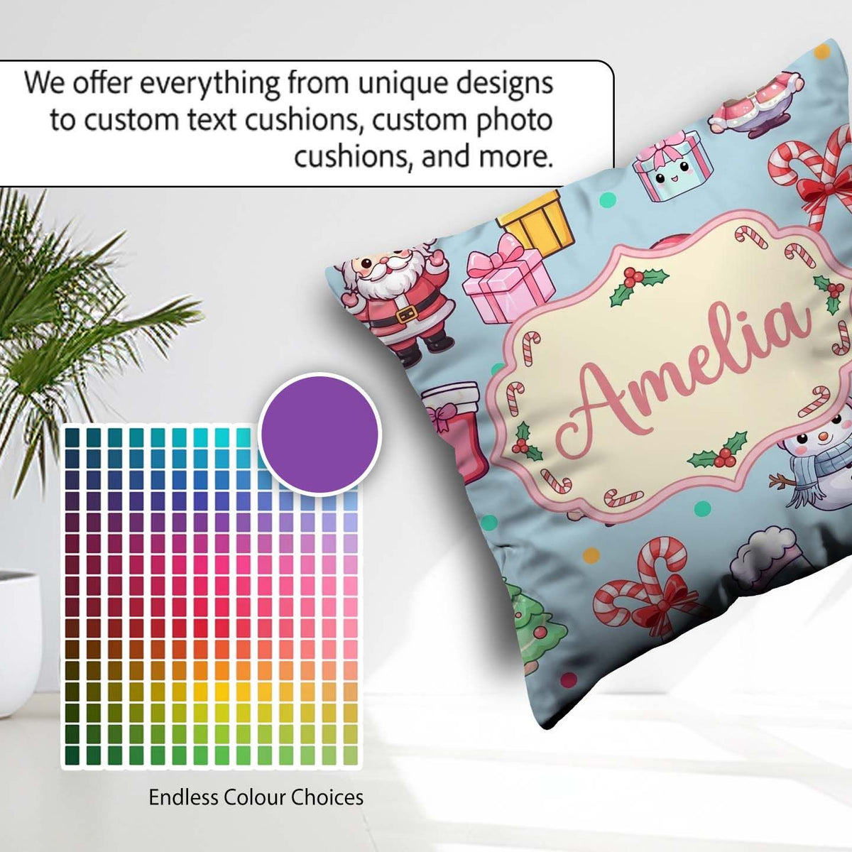Custom Name Cute Santa Gifts Candy Cane Blue Background Seamless Square Filled Cushion Throw Pillow Sofa Bed Home Decor Zip Washable UK Made
