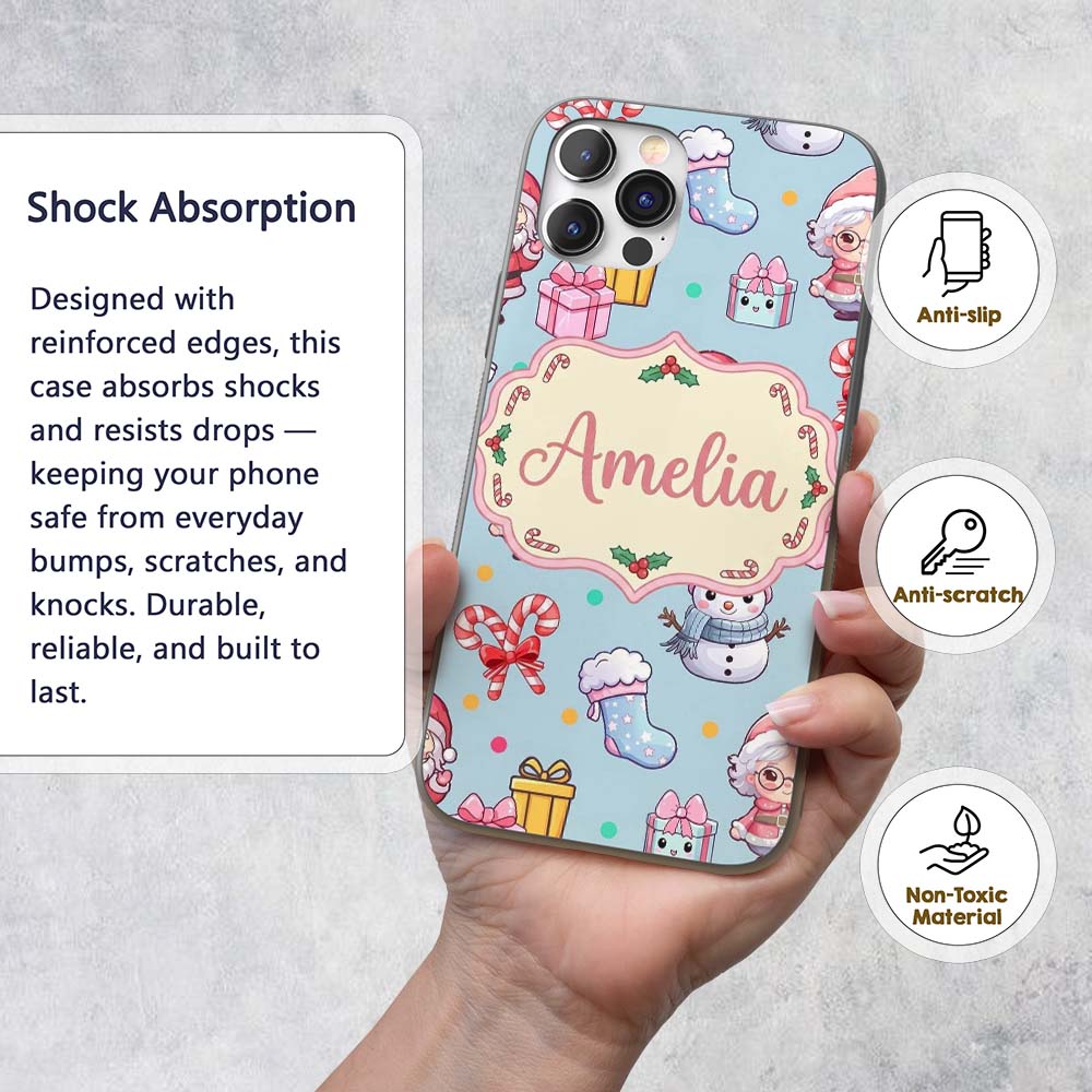 Cute Santa Snowman Gifts Candy Printed Design Custom Name Protective Phone Case Mobile Cover Durable Everyday Smartphone Shock Resistant