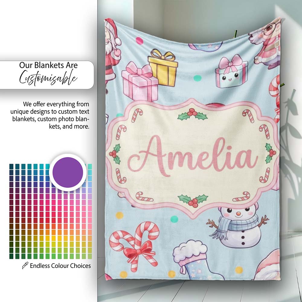 Cute Santa Snowman Gifts Candy Cane Blue Background Seamless Personalised Custom Name Super Soft Fleece Blanket Bed Sofa Throw