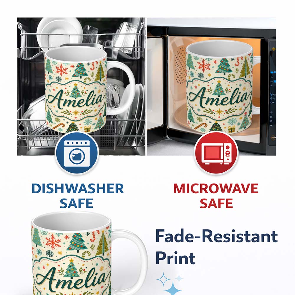 Personalized Custom Name Playful Christmas Trees Candy Canes Snowflakes Festive Seamless 11oz Ceramic Coffee Tea Mug White Large Handle