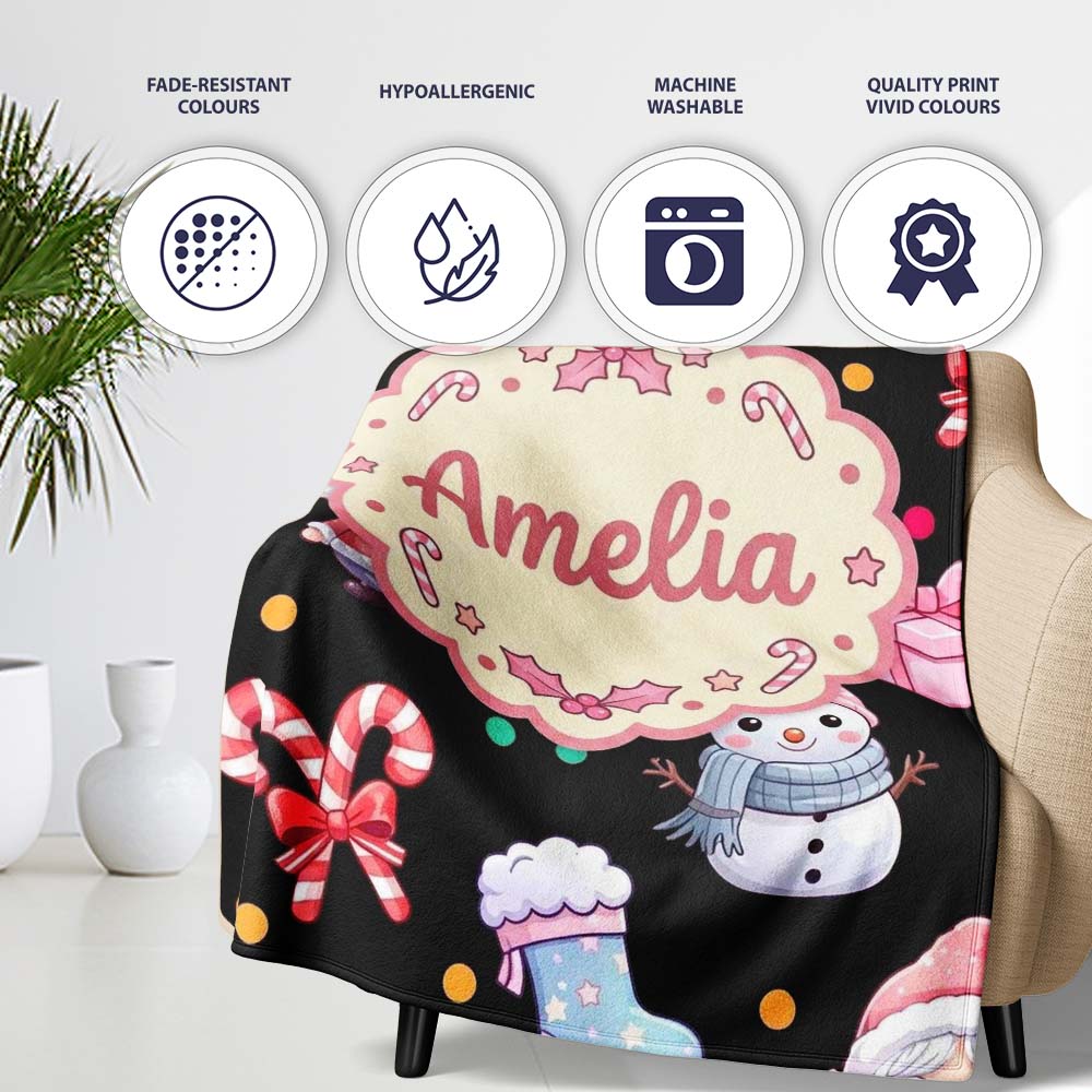 Cute Santa Snowman Gifts Candy Cane Black Background Seamless Personalised Custom Name Super Soft Fleece Blanket Bed Sofa Throw