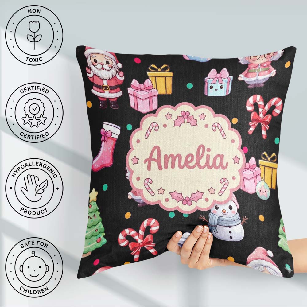Custom Name Cute Santa Snowman Gifts Candy Cane Black Background Square Filled Cushion Throw Pillow Sofa Bed Home Decor Zip Washable UK Made
