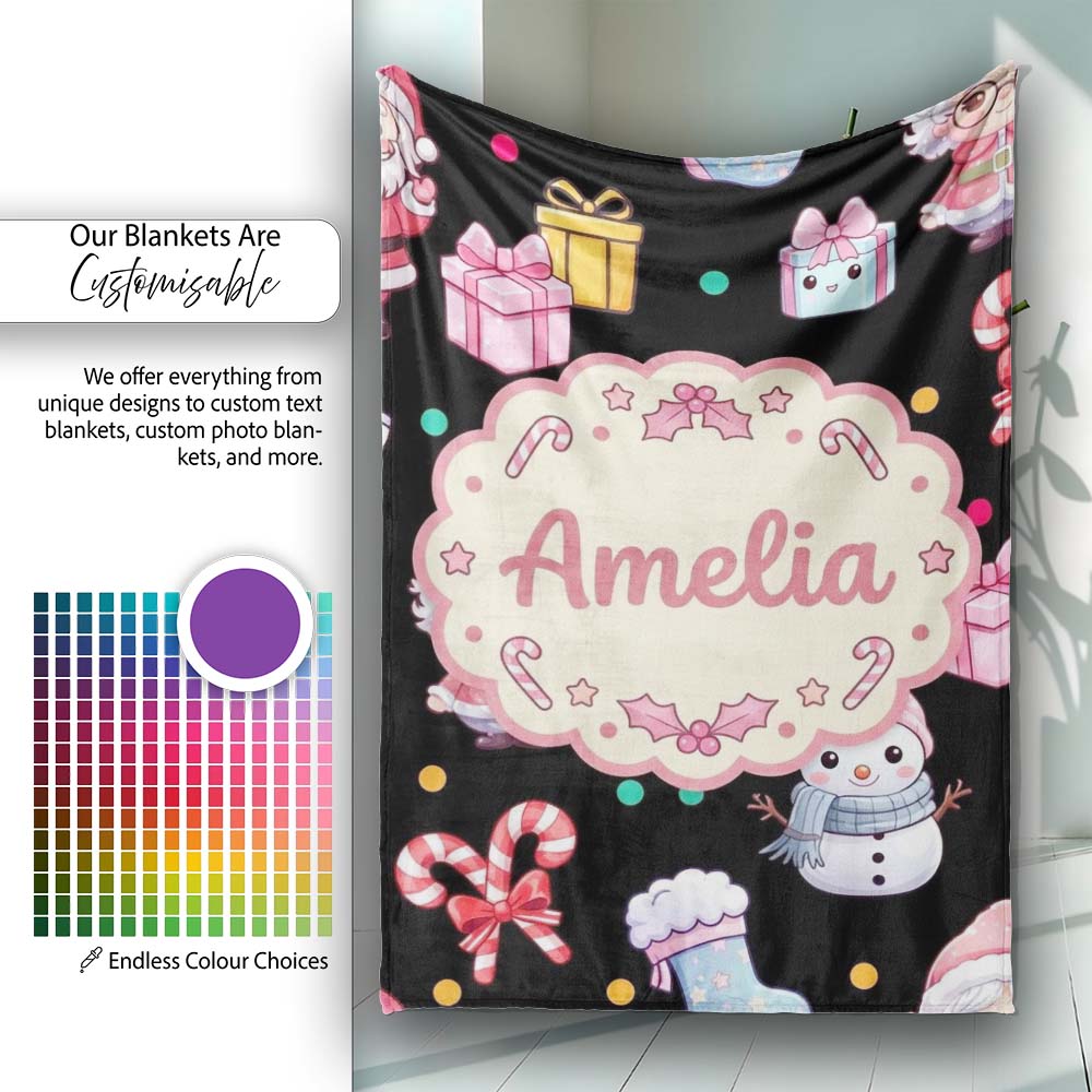 Cute Santa Snowman Gifts Candy Cane Black Background Seamless Personalised Custom Name Super Soft Fleece Blanket Bed Sofa Throw