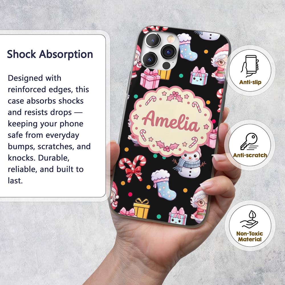 Cute Santa Snowman Gifts Candy Printed Design Custom Name Protective Phone Case Mobile Cover Durable Everyday Smartphone Shock Resistant