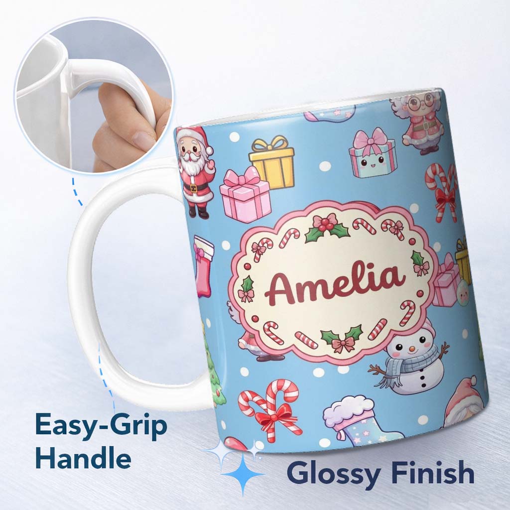 Personalized Custom Name Cute Santa Snowman Gifts Candy Cane Sky Blue Background Seamless 11oz Ceramic Coffee Tea Mug White Large Handle