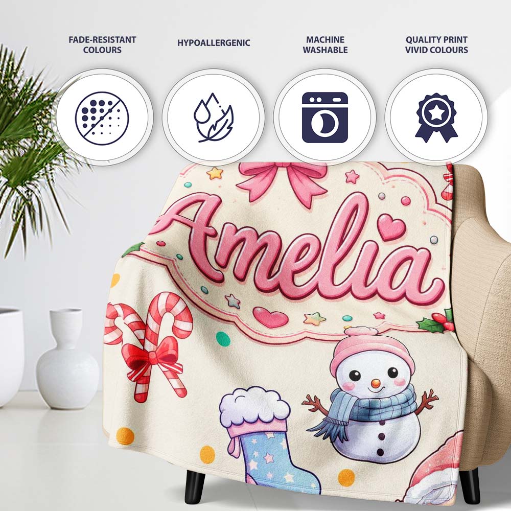 Cute Santa Snowman Gifts Candy Cane Cream Background Seamless Personalised Custom Name Super Soft Fleece Blanket Bed Sofa Throw