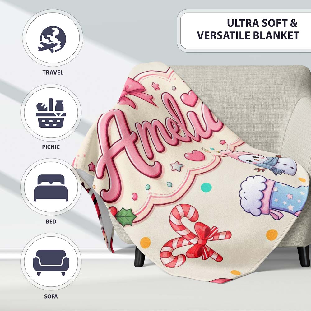 Cute Santa Snowman Gifts Candy Cane Cream Background Seamless Personalised Custom Name Super Soft Fleece Blanket Bed Sofa Throw