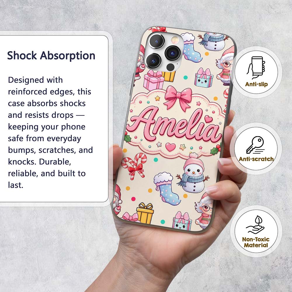 Cute Santa Snowman Gifts Candy Printed Design Custom Name Protective Phone Case Mobile Cover Durable Everyday Smartphone Shock Resistant