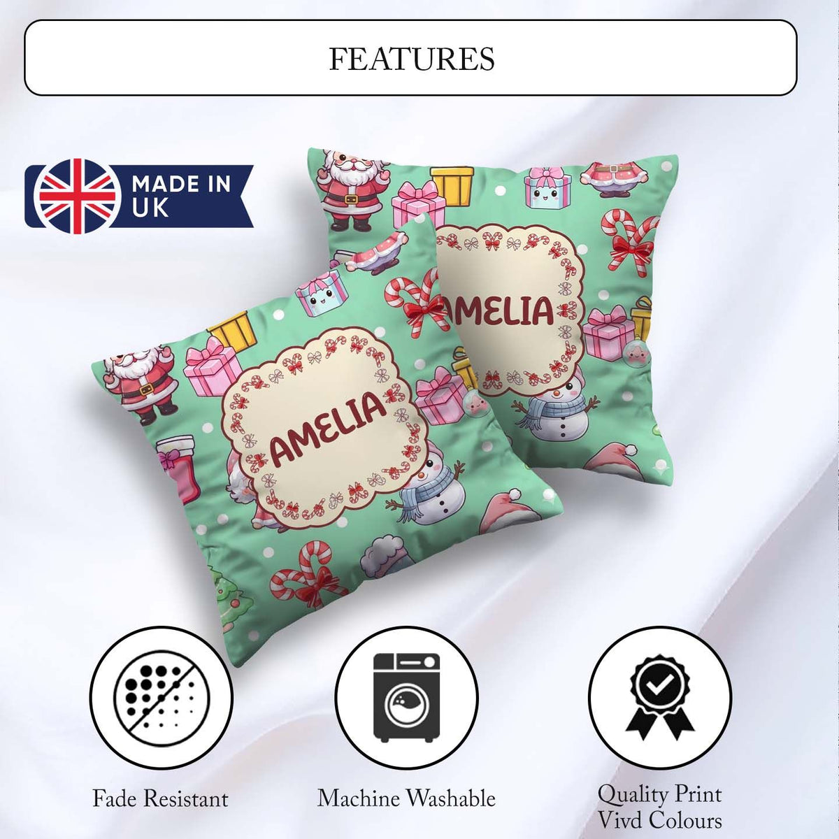 Custom Name Cute Santa Gifts Candy Cane Mint Background Seamless Square Filled Cushion Throw Pillow Sofa Bed Home Decor Zip Washable UK Made