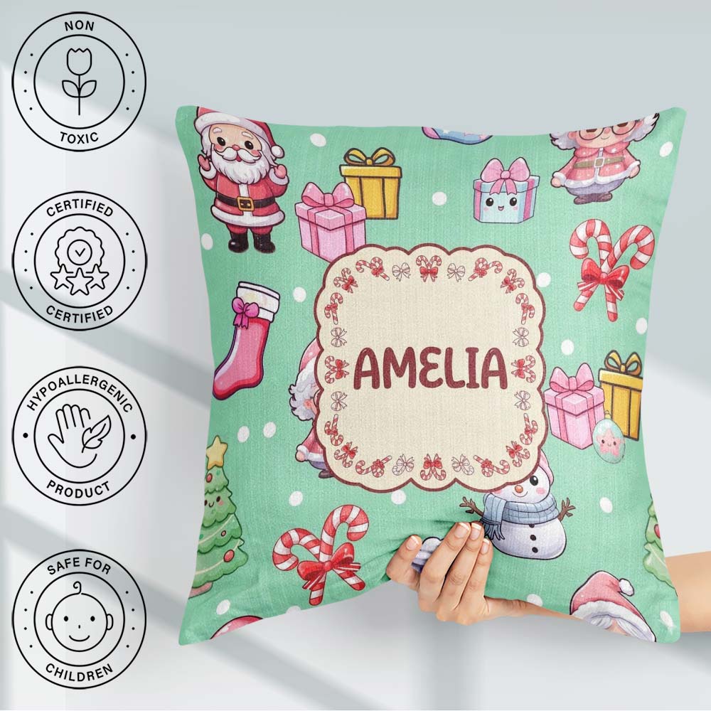 Custom Name Cute Santa Gifts Candy Cane Mint Background Seamless Square Filled Cushion Throw Pillow Sofa Bed Home Decor Zip Washable UK Made
