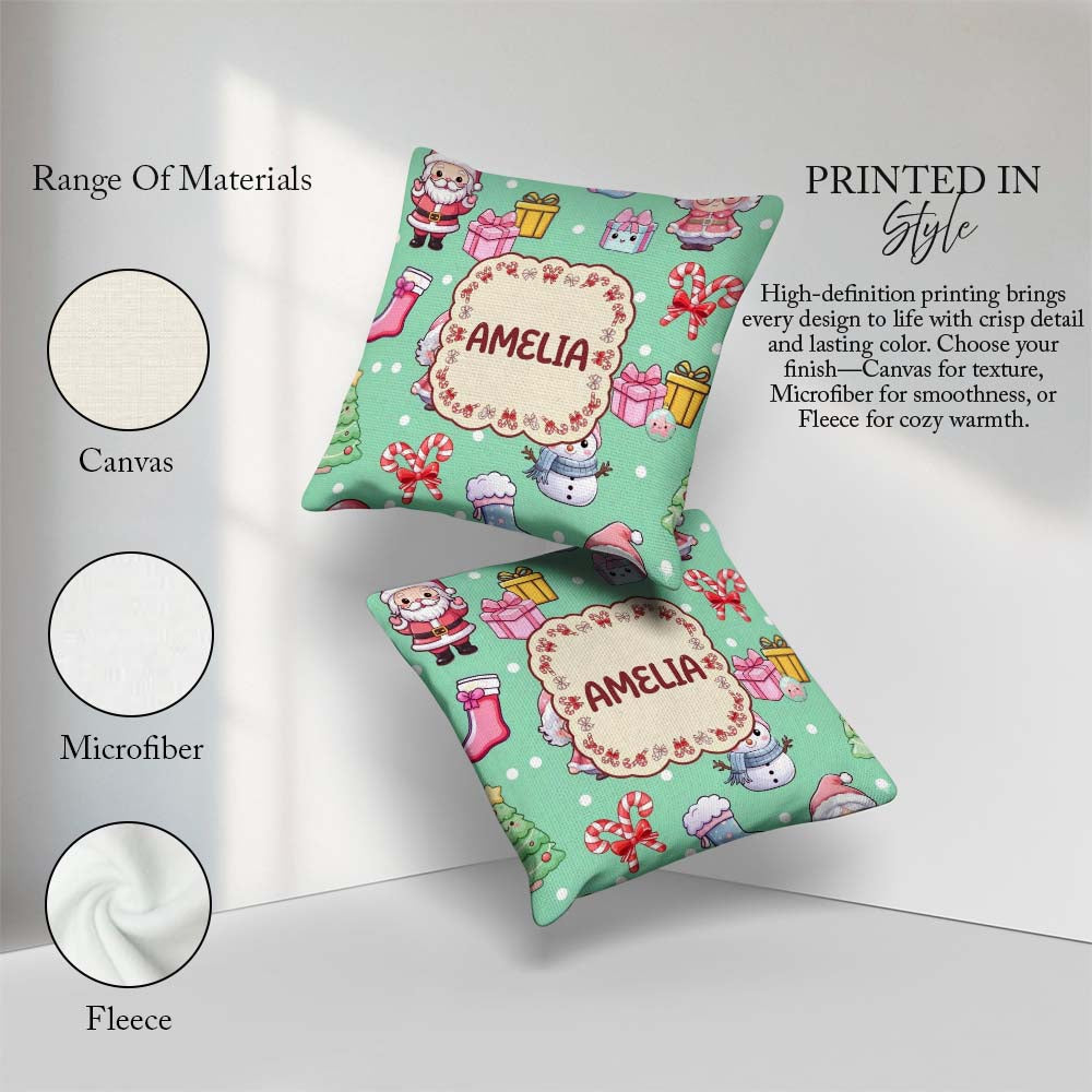 Custom Name Cute Santa Gifts Candy Cane Mint Background Seamless Square Filled Cushion Throw Pillow Sofa Bed Home Decor Zip Washable UK Made