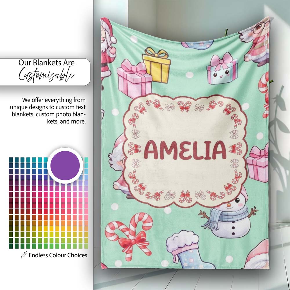 Cute Santa Snowman Gifts Candy Cane Mint Background Seamless Personalised Custom Name Super Soft Fleece Blanket Bed Sofa Throw