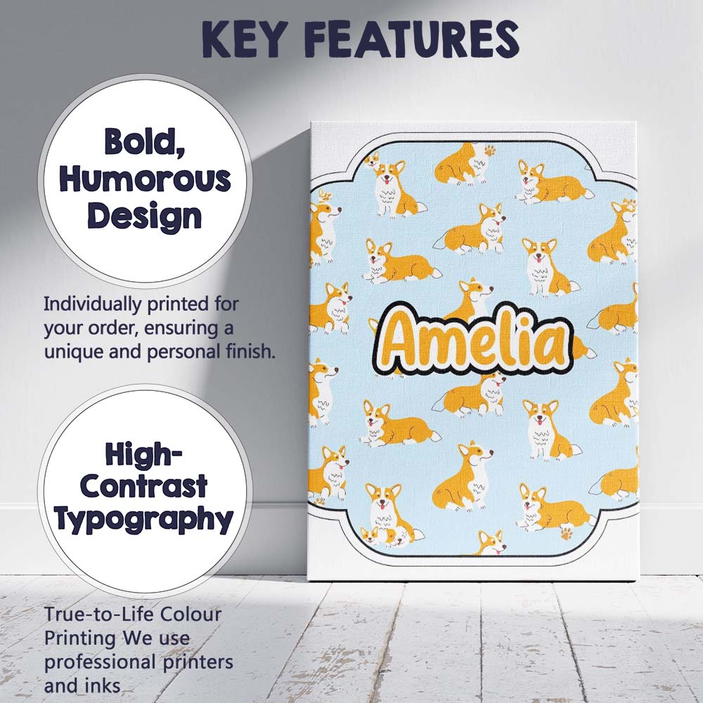 Personalised Name Cute Corgi Dogs Blue Background Playful Seamless Custom Unique Canvas Wall Art Print Decor Picture Ready to Hang