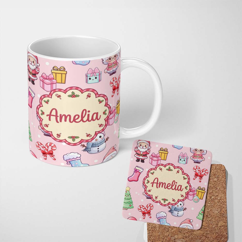 Personalized Custom Name Cute Santa Snowman Gifts Candy Cane Blush Background Seamless 11oz Ceramic Coffee Tea Mug White Large Handle