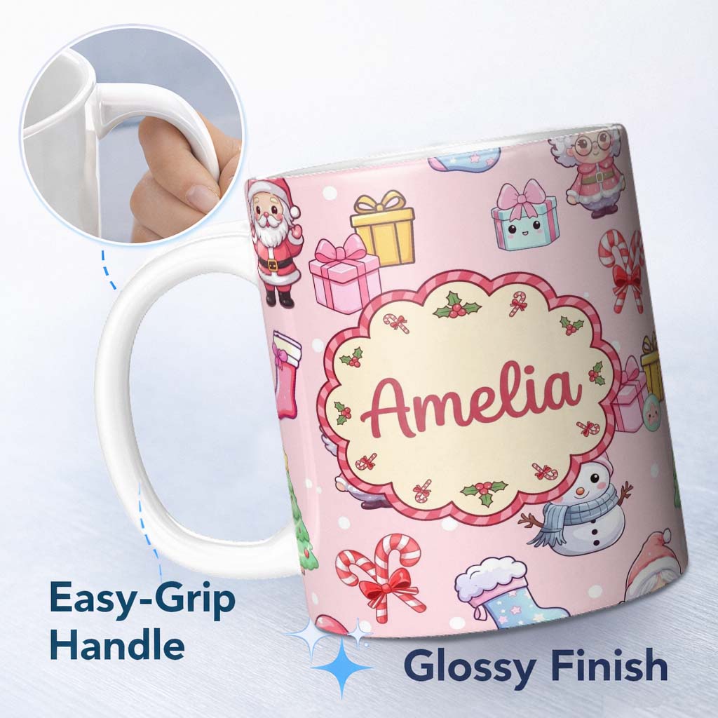 Personalized Custom Name Cute Santa Snowman Gifts Candy Cane Blush Background Seamless 11oz Ceramic Coffee Tea Mug White Large Handle