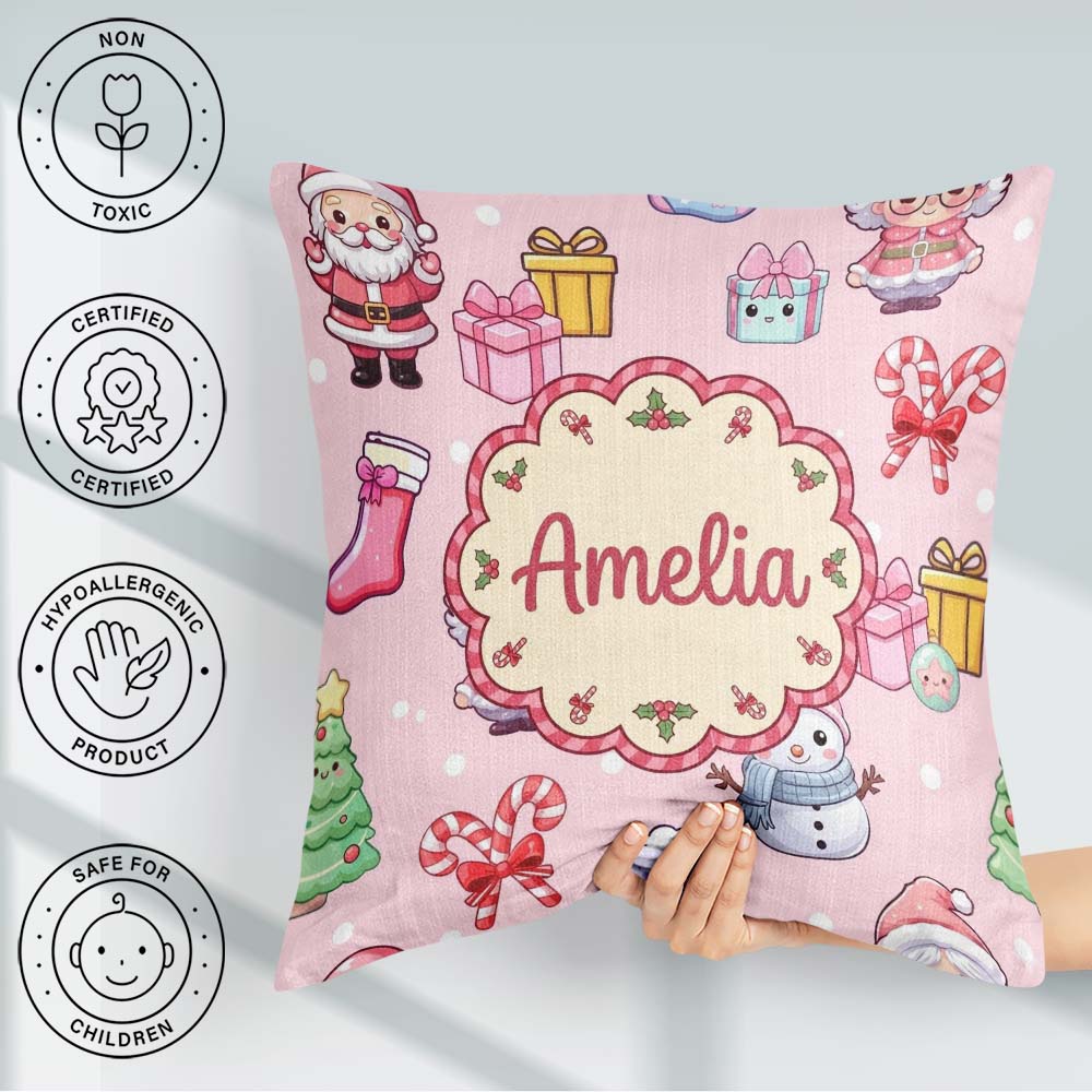 Custom Name Cute Santa Snowman Gifts Candy Cane Blush Background Square Filled Cushion Throw Pillow Sofa Bed Home Decor Zip Washable UK Made