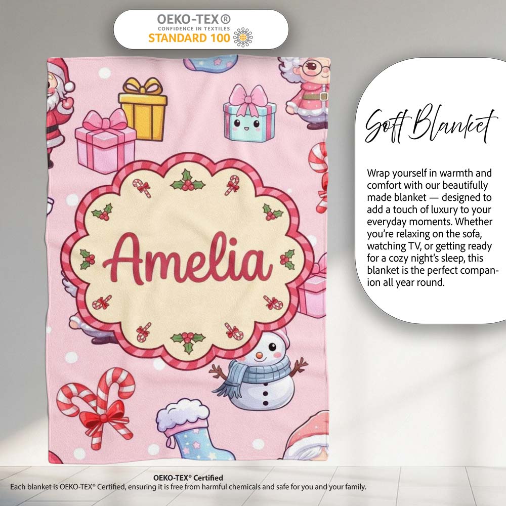 Cute Santa Snowman Gifts Candy Cane Blush Background Seamless Personalised Custom Name Super Soft Fleece Blanket Bed Sofa Throw