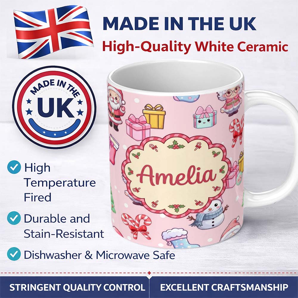 Personalized Custom Name Cute Santa Snowman Gifts Candy Cane Blush Background Seamless 11oz Ceramic Coffee Tea Mug White Large Handle