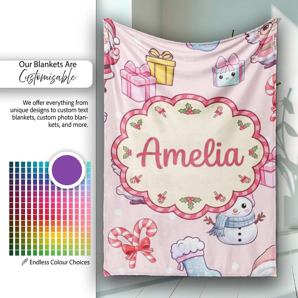 Cute Santa Snowman Gifts Candy Cane Blush Background Seamless Personalised Custom Name Super Soft Fleece Blanket Bed Sofa Throw