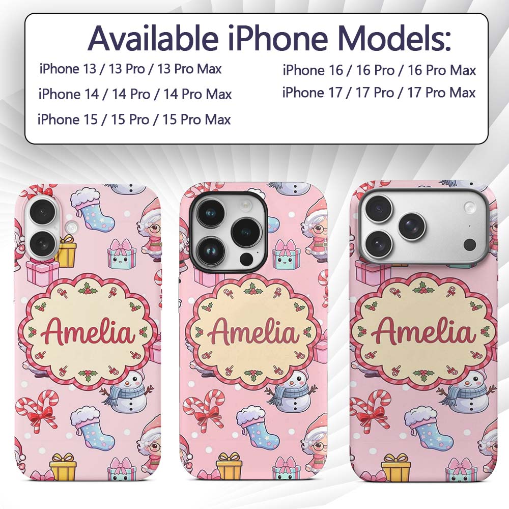 Cute Santa Snowman Gifts Candy Printed Design Custom Name Protective Phone Case Mobile Cover Durable Everyday Smartphone Shock Resistant