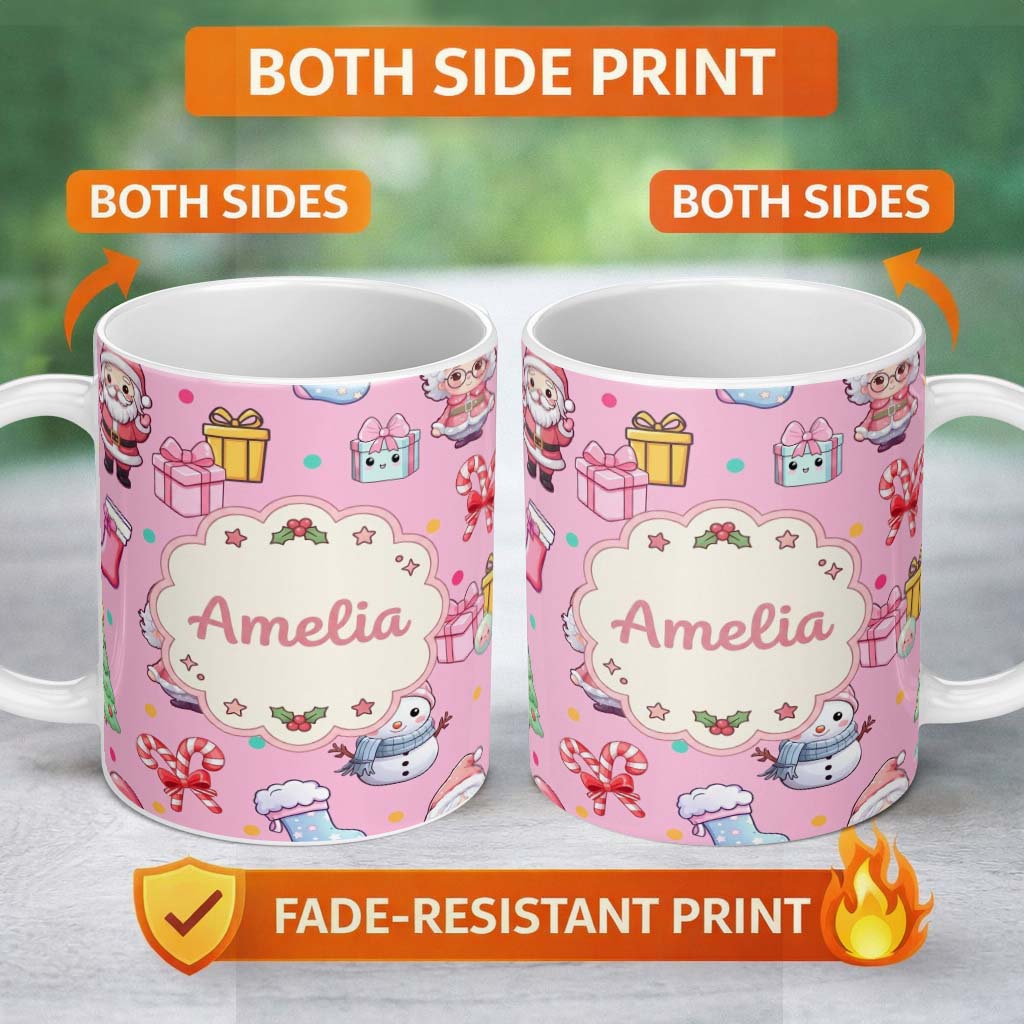 Personalized Custom Name Cute Santa Snowman Gifts Candy Cane Pink Background Seamless 11oz Ceramic Coffee Tea Mug White Large Handle