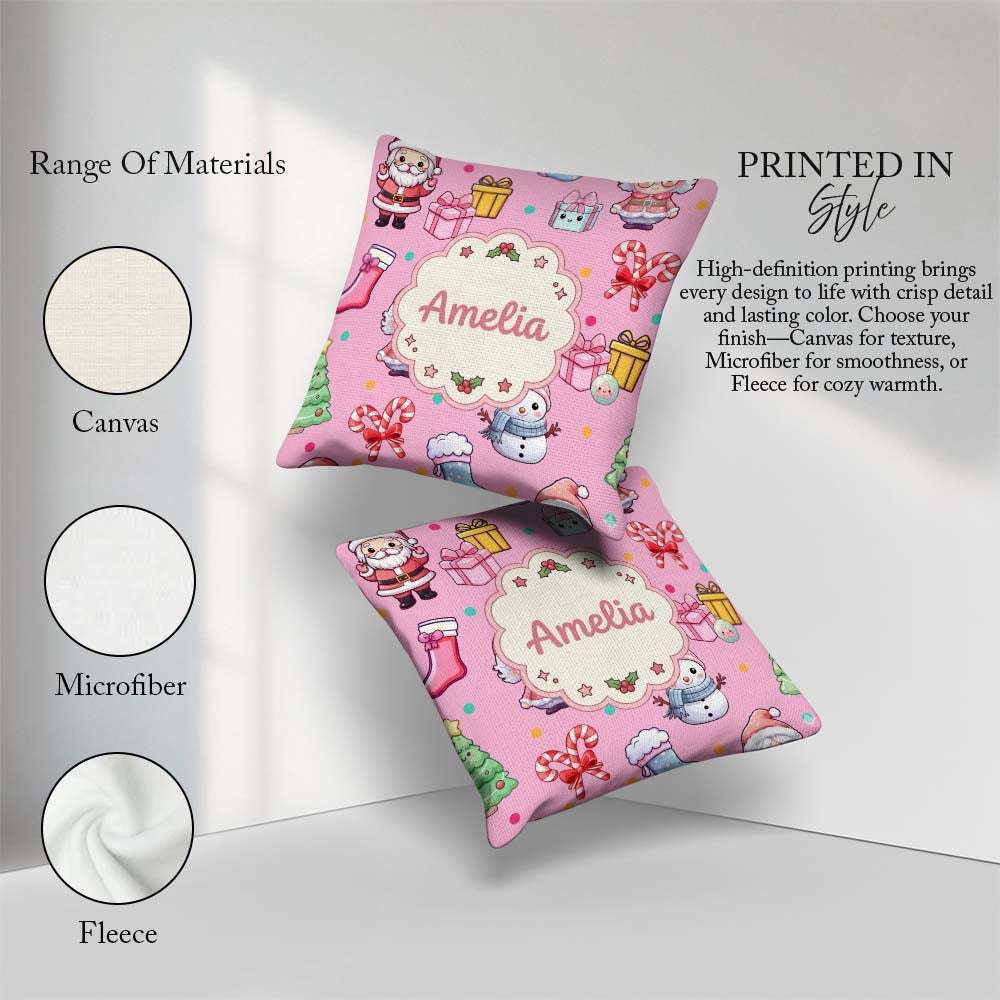 Custom Name Cute Santa Gifts Candy Cane Pink Background Seamless Square Filled Cushion Throw Pillow Sofa Bed Home Decor Zip Washable UK Made