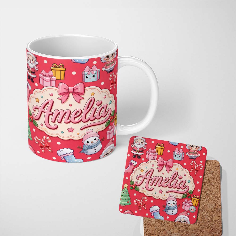 Personalized Custom Name Cute Santa Snowman Gifts Candy Cane Red Background Seamless Pattern 11oz Ceramic Coffee Tea Mug White Large Handle