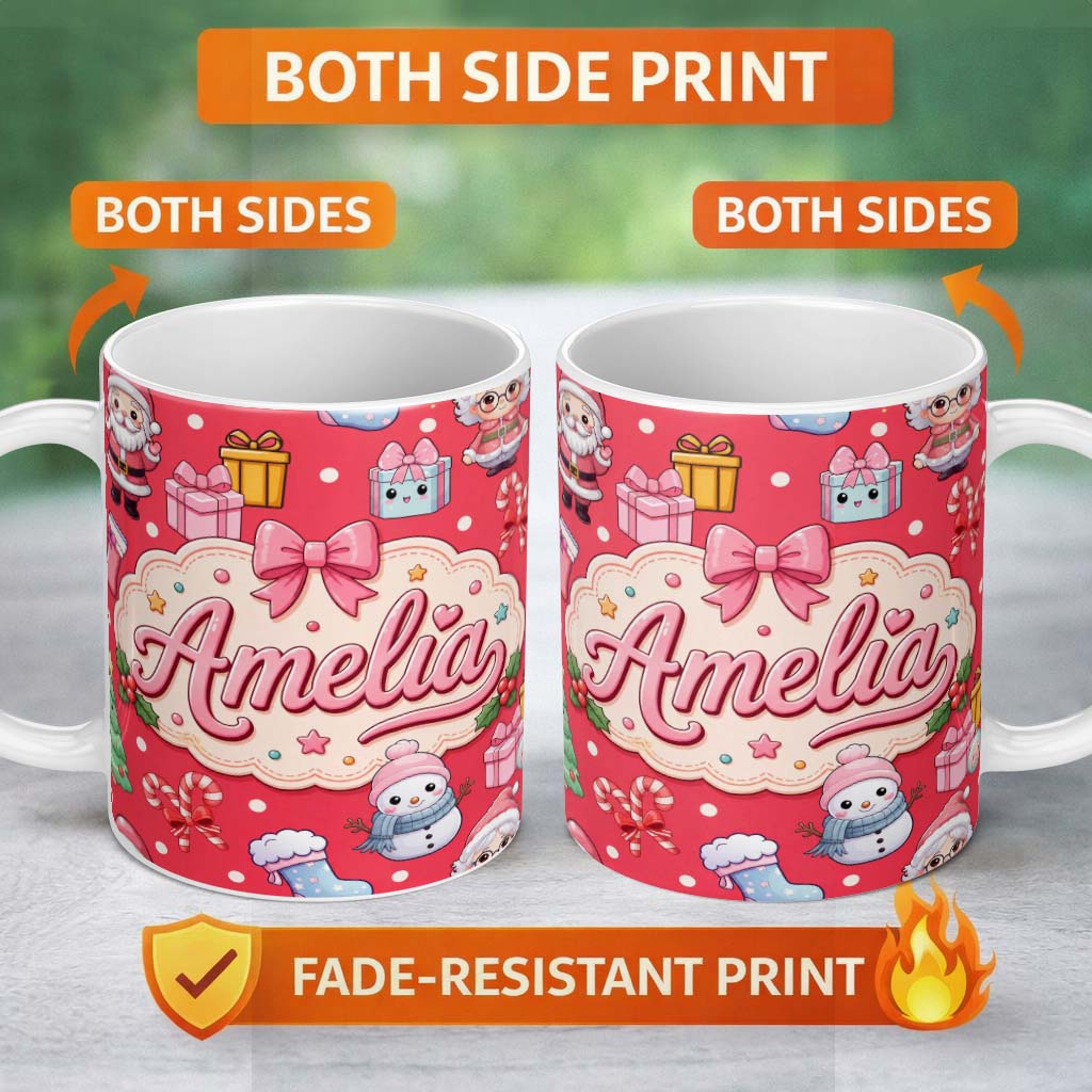Personalized Custom Name Cute Santa Snowman Gifts Candy Cane Red Background Seamless Pattern 11oz Ceramic Coffee Tea Mug White Large Handle