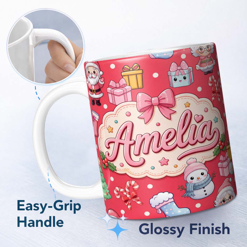 Personalized Custom Name Cute Santa Snowman Gifts Candy Cane Red Background Seamless Pattern 11oz Ceramic Coffee Tea Mug White Large Handle