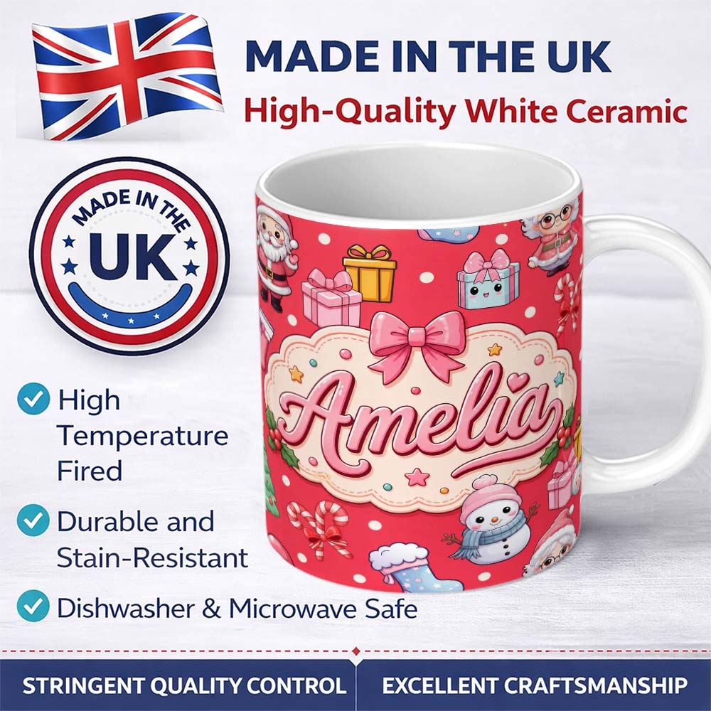 Personalized Custom Name Cute Santa Snowman Gifts Candy Cane Red Background Seamless Pattern 11oz Ceramic Coffee Tea Mug White Large Handle