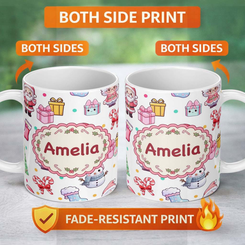 Personalized Custom Name Cute Santa Snowman Gifts Candy Cane White Background Seamless 11oz Ceramic Coffee Tea Mug White Large Handle
