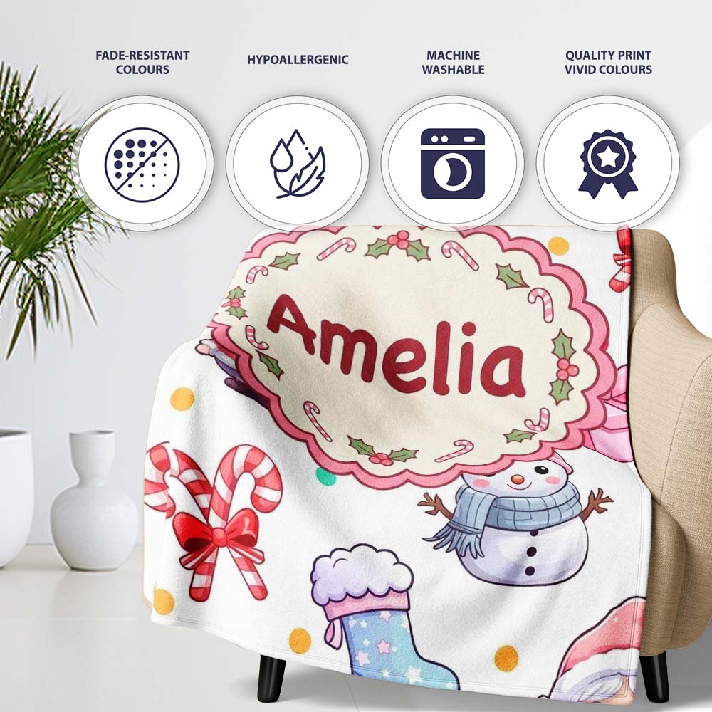 Cute Santa Snowman Gifts Candy Cane White Background Seamless Personalised Custom Name Super Soft Fleece Blanket Bed Sofa Throw