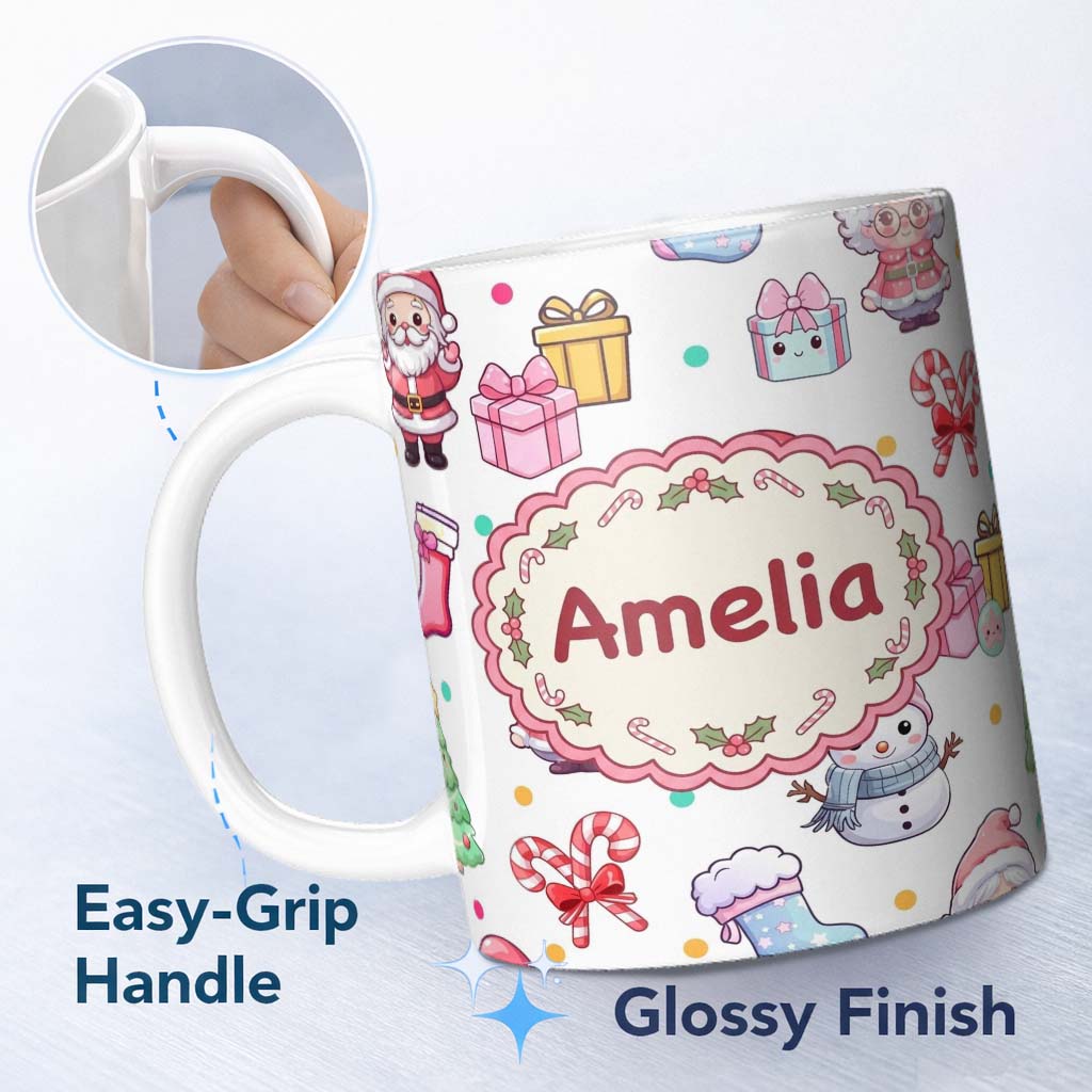 Personalized Custom Name Cute Santa Snowman Gifts Candy Cane White Background Seamless 11oz Ceramic Coffee Tea Mug White Large Handle
