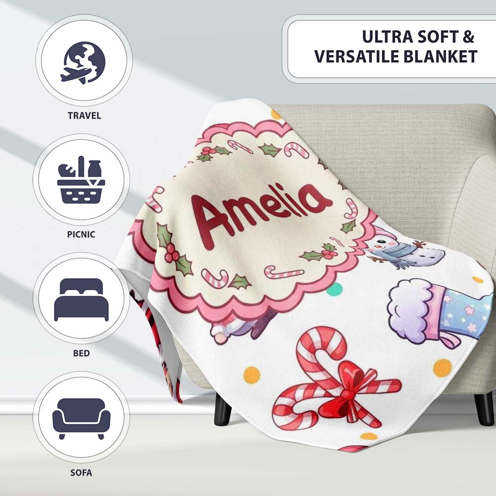 Cute Santa Snowman Gifts Candy Cane White Background Seamless Personalised Custom Name Super Soft Fleece Blanket Bed Sofa Throw