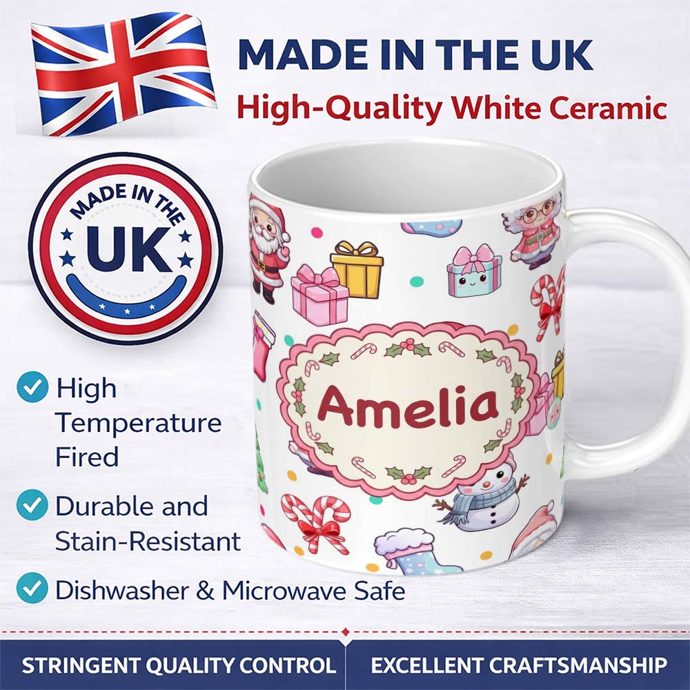 Personalized Custom Name Cute Santa Snowman Gifts Candy Cane White Background Seamless 11oz Ceramic Coffee Tea Mug White Large Handle