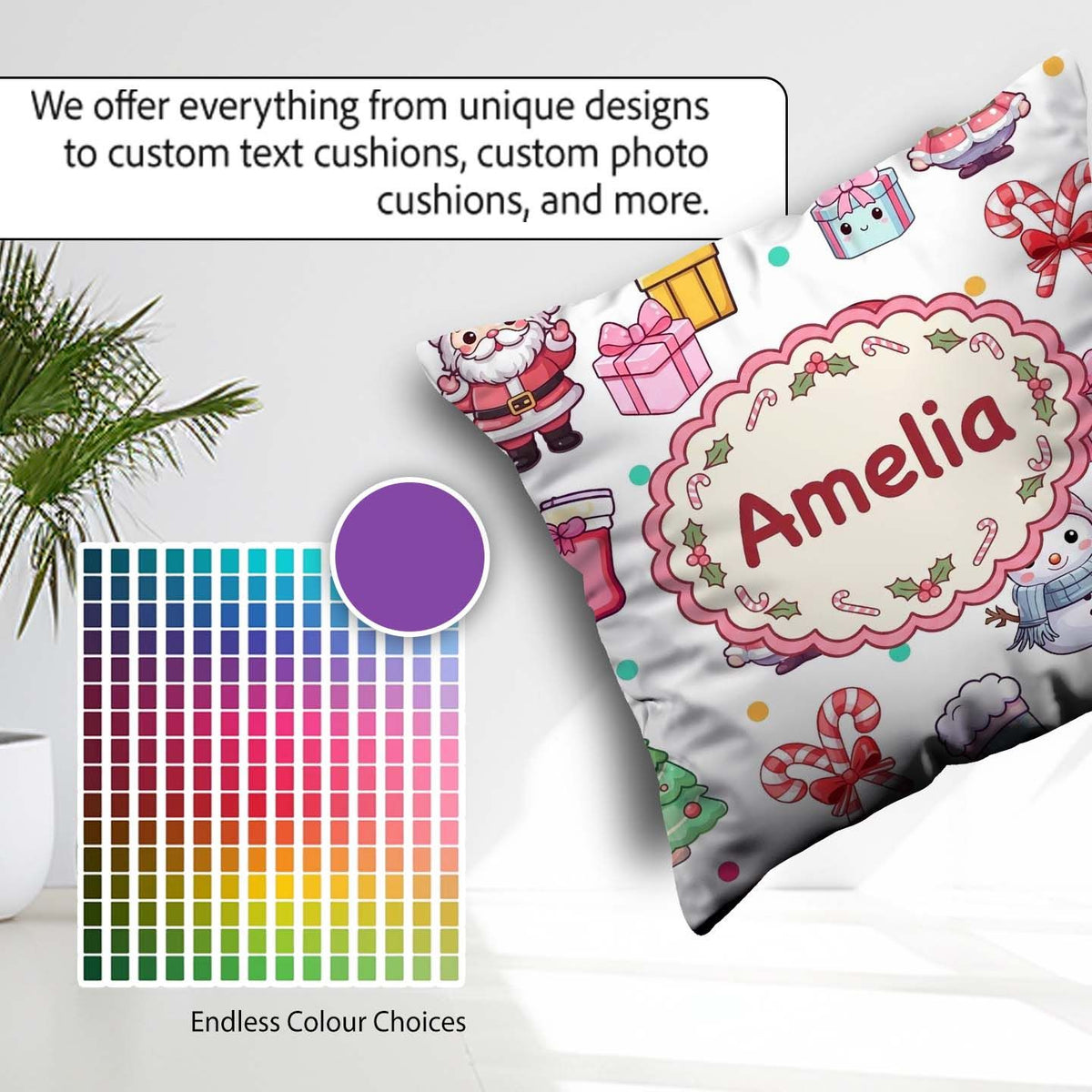 Custom Name Cute Santa Snowman Gifts Candy Cane White Background Square Filled Cushion Throw Pillow Sofa Bed Home Decor Zip Washable UK Made