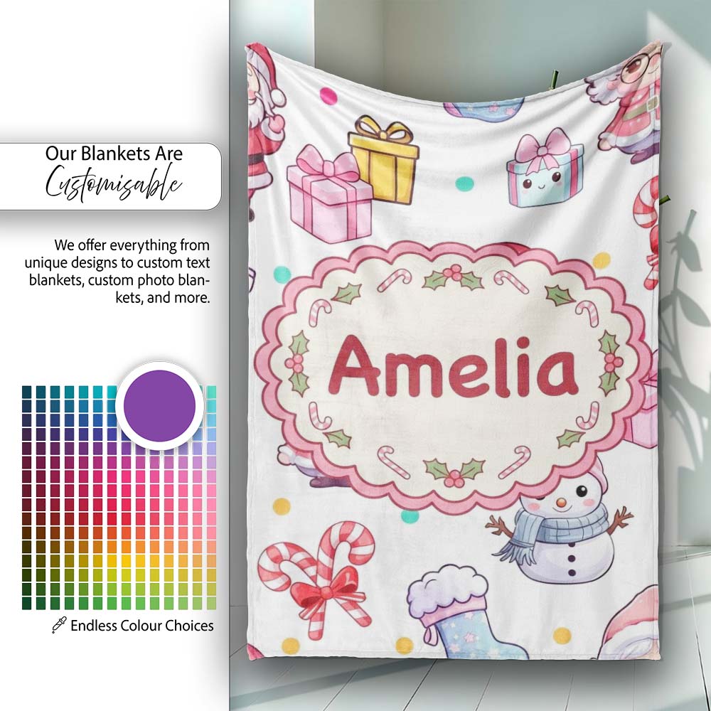 Cute Santa Snowman Gifts Candy Cane White Background Seamless Personalised Custom Name Super Soft Fleece Blanket Bed Sofa Throw