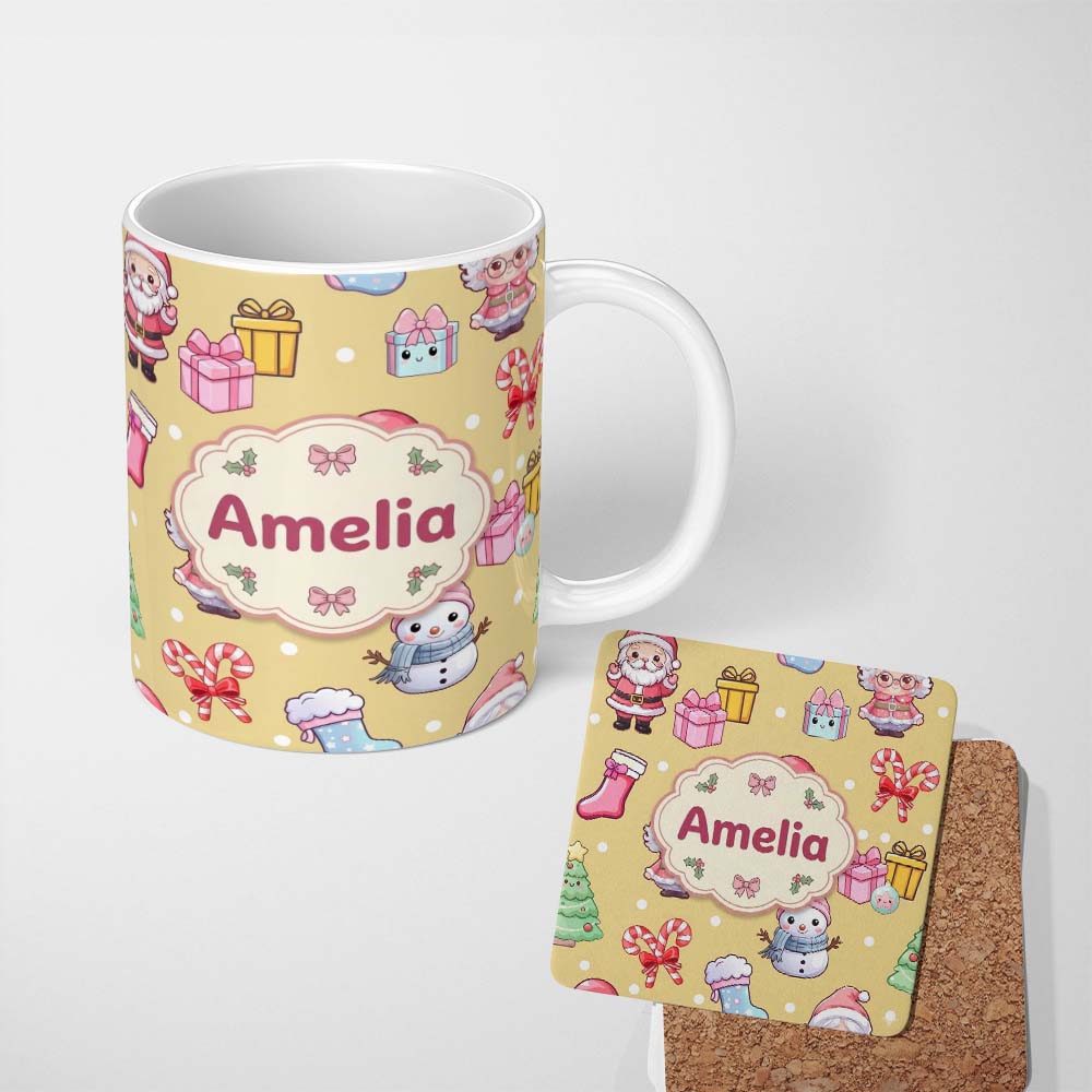 Personalized Custom Name Cute Santa Snowman Gifts Candy Cane Gold Background Seamless 11oz Ceramic Coffee Tea Mug White Large Handle