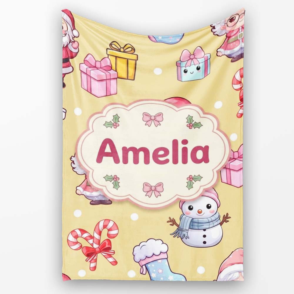 Cute Santa Snowman Gifts Candy Cane Gold Background Seamless Personalised Custom Name Super Soft Fleece Blanket Bed Sofa Throw