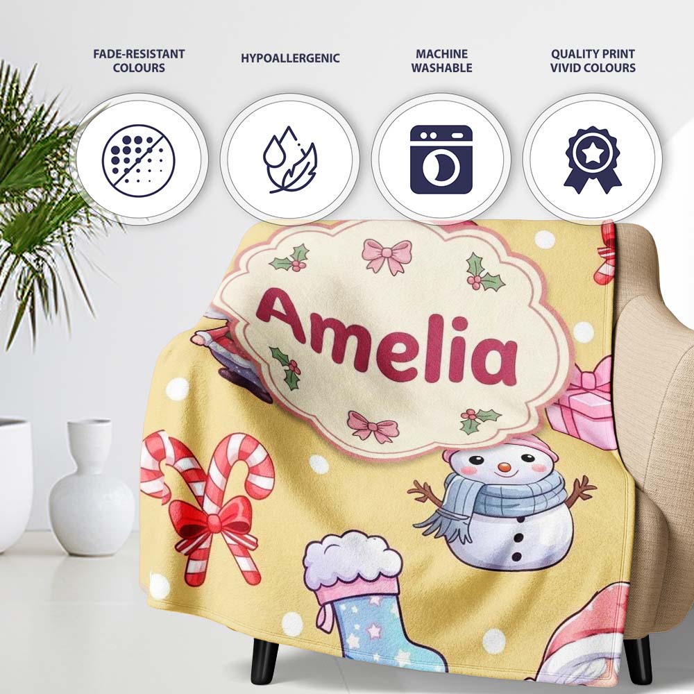 Cute Santa Snowman Gifts Candy Cane Gold Background Seamless Personalised Custom Name Super Soft Fleece Blanket Bed Sofa Throw