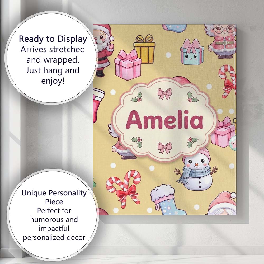 Personalised Name Cute Santa Snowman Gifts Custom Unique Gift Idea Elegant Feature Canvas Wall Art Print Decor Picture Ready to Hang