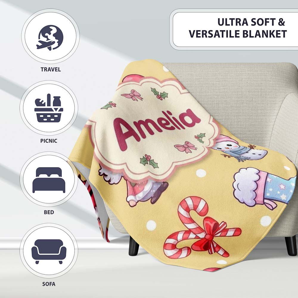 Cute Santa Snowman Gifts Candy Cane Gold Background Seamless Personalised Custom Name Super Soft Fleece Blanket Bed Sofa Throw