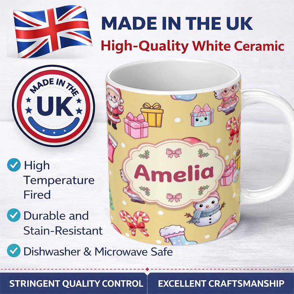 Personalized Custom Name Cute Santa Snowman Gifts Candy Cane Gold Background Seamless 11oz Ceramic Coffee Tea Mug White Large Handle