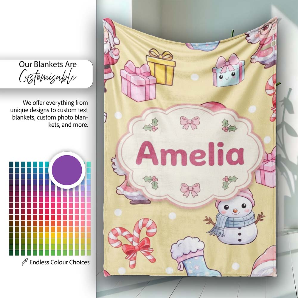 Cute Santa Snowman Gifts Candy Cane Gold Background Seamless Personalised Custom Name Super Soft Fleece Blanket Bed Sofa Throw
