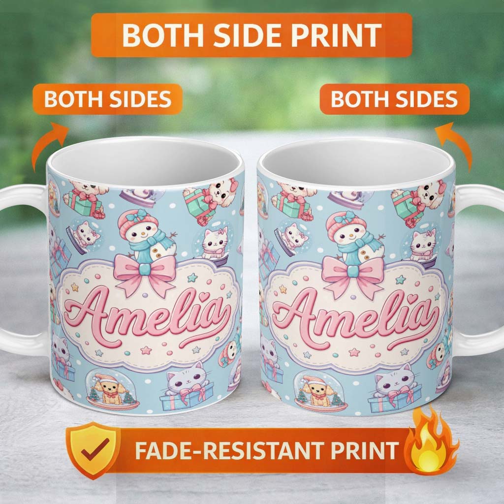 Personalized Custom Name Cute Kittens Puppies Snow Globes Christmas Seamless Pattern Name 11oz Ceramic Coffee Tea Mug White Large Handle