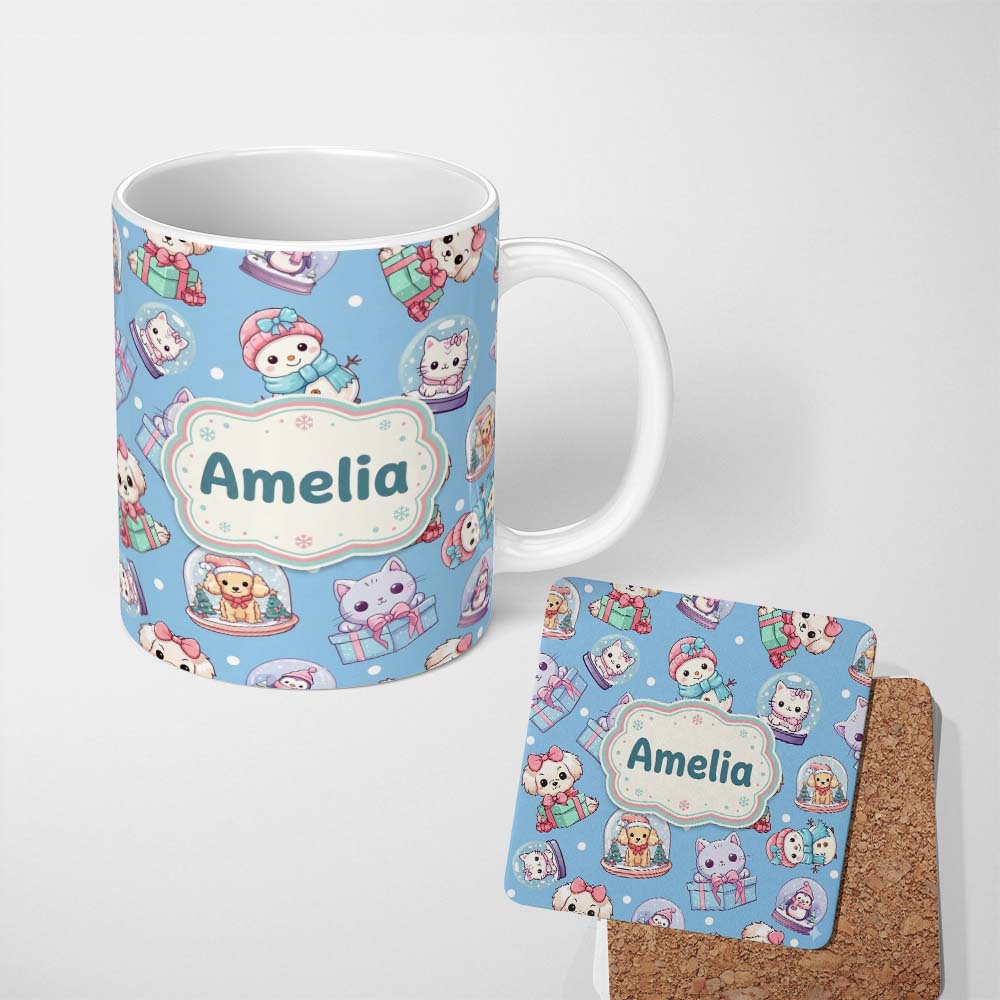 Personalized Custom Name Cute Kittens Puppies Snow Globes Blue Background Seamless Pattern 11oz Ceramic Coffee Tea Mug White Large Handle