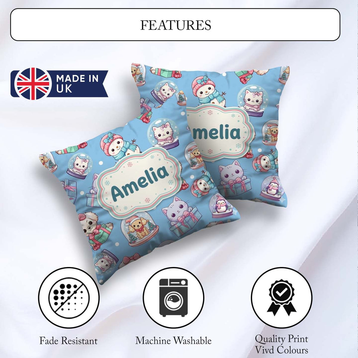 Custom Name Kittens Puppies Snow Globes Blue Background Seamless Square Filled Cushion Throw Pillow Sofa Bed Home Decor Zip Washable UK Made